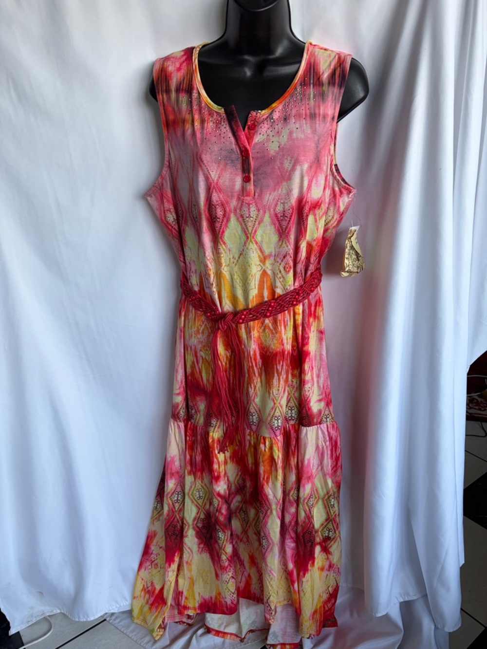 One World Sleeveless Geometric Pattern Hi-low belted Maxi, XL, 21” PTP, 51” L